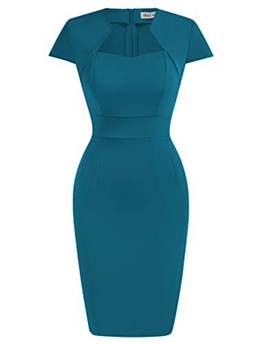 GRACE KARIN Damen Cap-Ärmel Vintage Wiggle Kleid Bodycon, blau - Peacock Blue, Medium