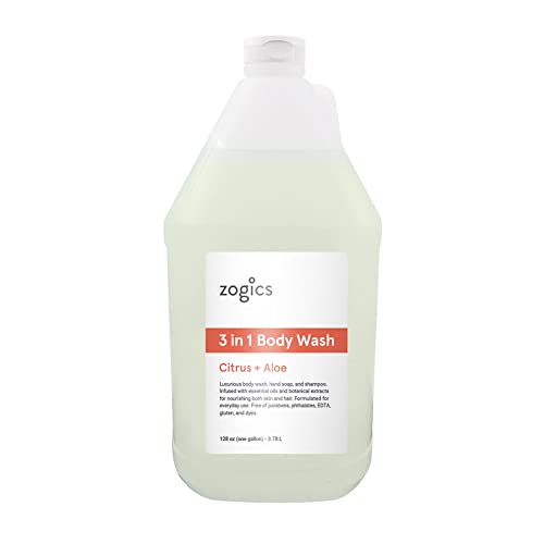 Zogics 3-in-1 Body Wash – Body Soap, Shampoo, and Hand Soap Liquid Refill All-in-One, Hydrating Plant-Based Formula, Refreshing Citrus + Aloe Scent (1 Gallon)