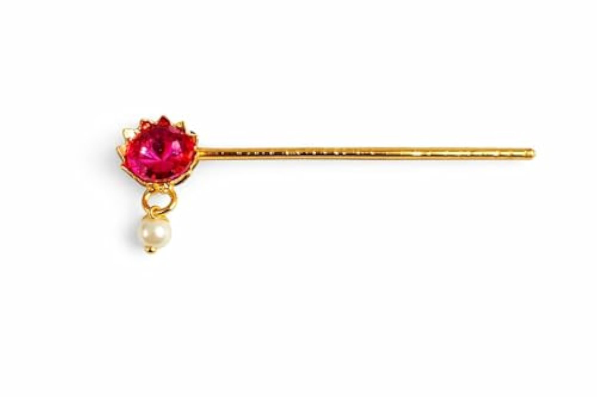 Gold Plated Krishna Flute Hair Pin with Pink Stone & Pearl Drop