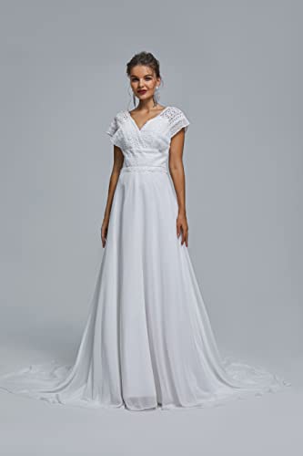 Image of Spaghetti Chiffon Beach Wedding Dress V Neck A line Bridal Gowns Lace Plus Size Wedding Dress