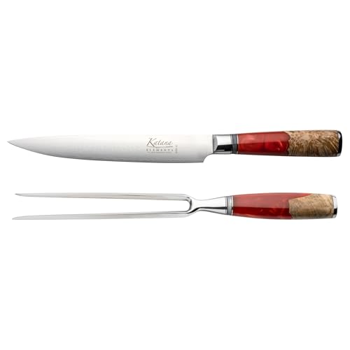 Katana Saya Elements 2 Piece 20 cm Carving Knife & Fork Set, Volcanic Red - High Carbon VG-10 Damascus Steel for Extreme Toughness & Sharpness – Natural Olivewood & Resin Handle