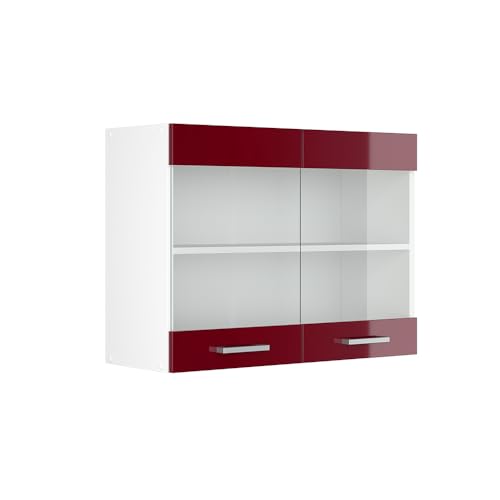 Vicco Armoire Suspendue R-Line, Rouge Bordeaux Haute Brillance, 80cm avec Portes vitrées, pour Le Rangement d’Objets ménagers et Utilitaires