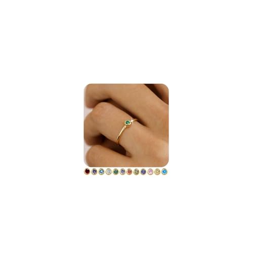 Birthstone Rings for Women Non Tarnish 14K Gold Plated Sterling Silver Stackable Birthday Gifts for Mom Dainty Emerald Green Blue CZ Gemstone Ring for Mothers Daughter Bridesmaid Gifts Jewelry