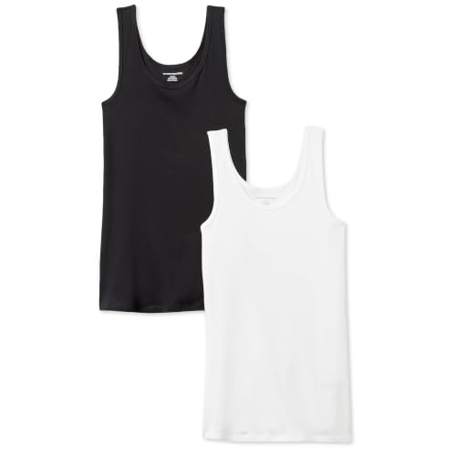Amazon Essentials Women's Slim-Fit Ribbed Scoop Neck Tank Tops, Pack of 2, Black/White, Medium