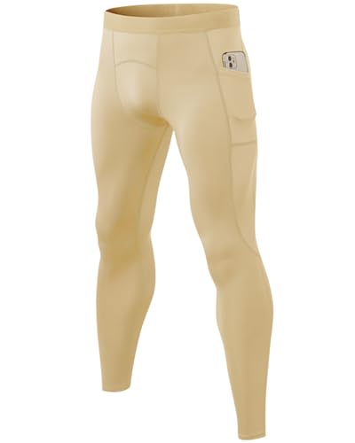 SPVISE Beige Men’s Compression Pants Running Tights Spandex Workout Leggings Athletic Base Layer Pants for Sports Football