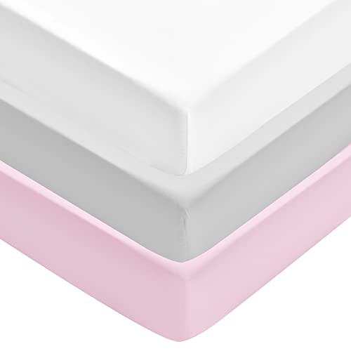 Image of David's Kids 3 Pack Fitted Crib Sheets, Ultra Soft Comfy Breathable Baby Sheets for Boys Girls Neutral, 28x52 Inch Fits Standard Crib Mattress and Toddler Mattresses, White & Light Grey & Pink
