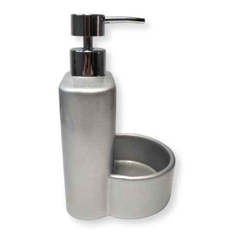 KOOK TIME Afwasmiddeldispenser van mat keramiek, zeepdispenser keuken met opbergruimte voor wasgoed of spons, 10 x 11,5 x 18 cm. Compacte en elegante spoelbakorganizer (grijs zilver) - Image 5