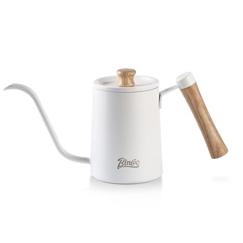 Bincoo Pour Over Coffee Kettle, 600ml (20oz) Gooseneck Kettle with Long Spout – Lightweight Stainless Steel Hot Water Dispenser for Home Office Camping, Not for Stovetop (White wooden handle)