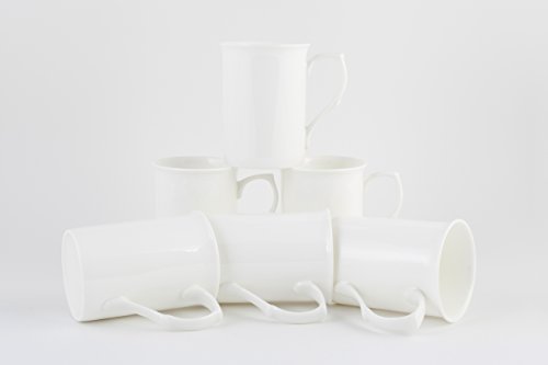 White 10oz Castle Mugs Set of 6 by CHINACAVE - Premium Fine Bone China Cups and Mugs - Professional Quality for Kitchens, Restaurants, Cafes
