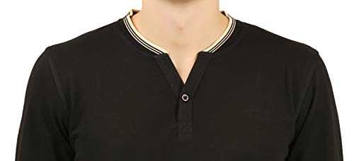 Image of Zebu Men's Full Sleeve Cotton Henley Neck Tshirt with bio wash (Pack of 1). Black