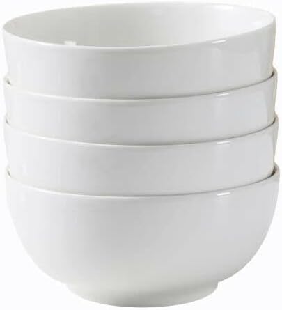 Vencier Set of 4 Porcelain 600ml Bowls | Cereal, Pasta, Noodles, Ice Cream | White Serving Bowls | Microwave Safe & Dishwasher Safe