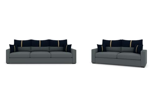 Image of Premium Luster 5 Seater Fabric 3+2 Sofa Set for Living Room | with Velvet Fabric | 3 Year Warranty in Dark Blue & Light Grey Color
