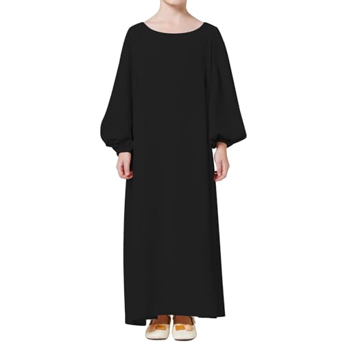 Kids Girls Muslim Abaya Long Lantern Sleeve Robe Maxi Dress Dubai Islamic Pleated Prayer Dress Full Cover Kaftan Casual