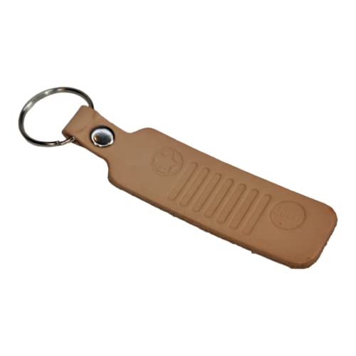 Jeep Grille Logo Drum Dyed USA Leather Keychain, Handmade in Detroit, Licensed and Authentic, Natural, One size