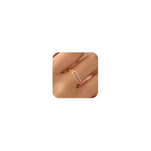 925 Sterling Silver 14K Gold Plated Ocean Wave Ring for Women Adjustable Minimalist Opening Ring Hypoallergenic Inspirational Cubic Zirconia Jewelry for Mom Daughter Birthday Christmas jewelry gifts - Main Image