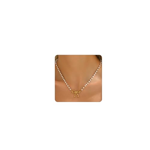 Gold Necklace for Women 18K Gold Plated Bow Necklace Cute Small Bow Pendant Necklace Dainty Bow Pearl Necklace Trendy Bow Jewelry Gift