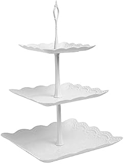 3 Tiers Cake Display Stand, White Afternoon Tea Stands, Plastic Square Cup Cake Fruit Dessert Party Server Plates Stands, Reusable Food Serving Platter Stand for Birthday, Wedding, Party