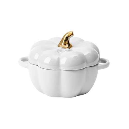 GHYJPAJK Ofenfeste Kürbis-Schalen, Kürbis-Schalen mit Deckel, Kürbis-Topf, Halloween-Süßigkeitenschale, Kürbis-Suppenschalen für Zuhause, Erntedankfest, Halloween-Party, 425 ml, Weiß