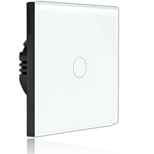 Interrupteur Tactile mural - Sans fil neutre - Design moderne - panneau en verre tactile avec indicateur led - Bouton commutateur simple allumage compatible lumière led (Blanc)