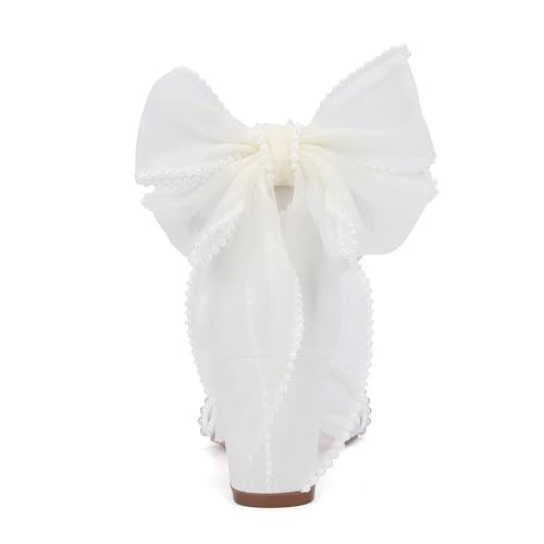 Bow Heels Pearl Wedding Shoes for Bride Low Block Heel Wedding Sandals Open Toe Bridal Shoes 5