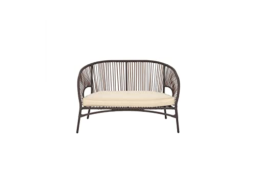 Image of DEVOKO 4 Piece Outdoor Patio Handwoven Rope Sofa Conversation Set with Cushioned Chair & Glass Top Table for Garden, Pool, Porch, Deck, Backyard (Dark Brown & Cream)