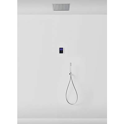 Three Griferia – Kit Electronic Shower Concealed Thermostatic Shower Technology · Electronic Thermostatic Control Unit Including (2-Way). · Spray to Ceiling 330 x 330 mm. Material Brass. (1.34.714). · Holder with Socket Wall (006.182.01). · Shower Mobile anticalcárea (09286501)