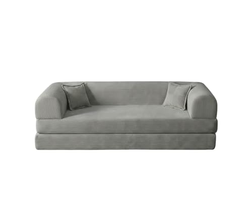Sofá Cama de 3 plazas, Gris Claro, 190 cm, 100% Tejido de Felpa Acanalada, Funda extraíble, Apta para Mascotas, 2 Almohadas Incluidas