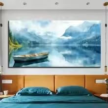 MAIMANG 1-teiliges Leinwandbild – Ruhige See-, Berg- und Himmelslandschaft mit Boot, Modernes Gemälde (80 x 150 cm/Innenrahmen)
