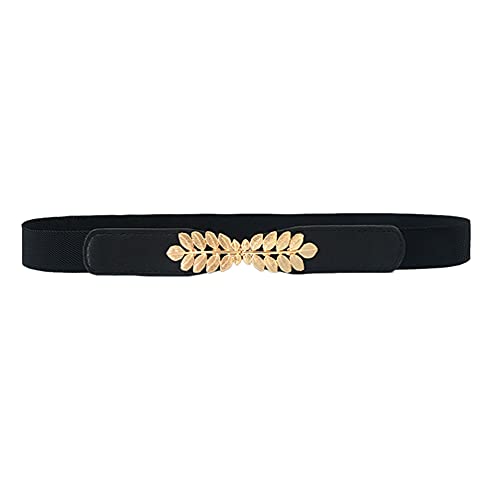 Women Leaf Shaped Interlocking Buckle Belt Thin Skinny Stretch Waist Belt Dress Accessories Black