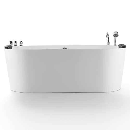 Empava 59-Inch Freestanding Whirlpool Bathtub Oval With 8 Hydromassage Adjustable Water Jets Luxury Acrylic Massage Spa Soaking Bath Tub Double Ended , White #TOP2