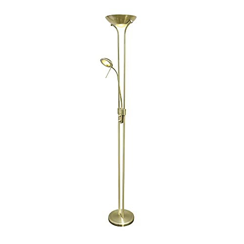 Lámpara de pie LED LAMPA (18W) con brazo lector (5W). Luz cálida. Luz regulable. Acabado cuero y Oro antiguo.