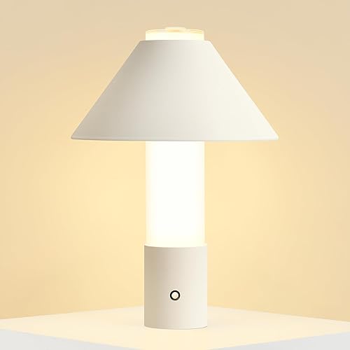 MAGCHARM Modern Table Lamp, 9W LED Bead Aesthetic Lamp, Battery Cordless Lamp, Mid-Century Lamp Nordic Minimalist, Touch Dimmable Bedside Lamp, 3 Colors, Nightstand Lamps for Bedroom Living Room White