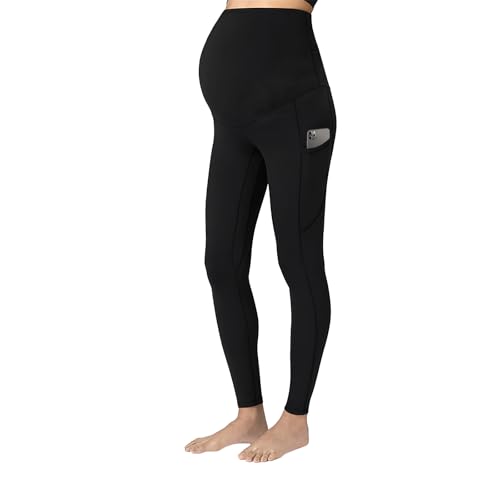 Leggings de Maternidad con Bolsillos para Mujer, Pantalones de Yoga de Maternidad Suaves, Pantalones de Maternidad de Cintura Alta para Deporte, Leggings de Maternidad Cómodos para el Embarazo (Negro)