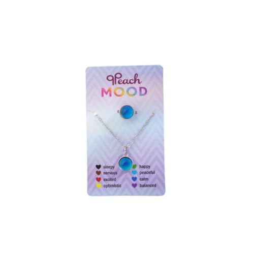 QRH Round Shape Temperature Sensing Color Changing Mood Necklace Ring Set Round Shape Emotion Feeling Mood Necklace Open Rings with Card for Women Couple Friendship Jewelry Gifts
