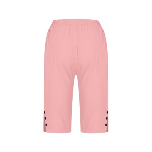Linen Clothes for Seniors,Womens Bermuda Shorts,Linen Bermuda Shorts for Women 2026,Summer Plus Size Elastic Waisted Side Split Button Down Pink Short