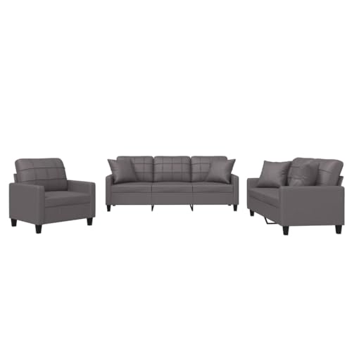 YUOTYRKTEJRSG 3-TLG. Sofagarnitur mit Kissen Grau Kunstleder Wohnzimmer Set Sitzgruppe Couchgarnitur Sofa Set mit Kissen Lederoptik Grau Modern Bequem – Bild 3
