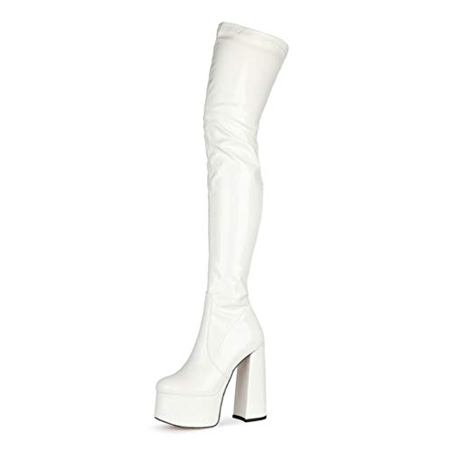 bAIWaNG Plateau-Overknee-Stiefel, Damen-Stiefel, runder Zehenbereich, klobiger Absatz, seitlicher Reißverschluss, Stretchstiefel, Lackleder, lange Stiefel, weiß, 41 Cover