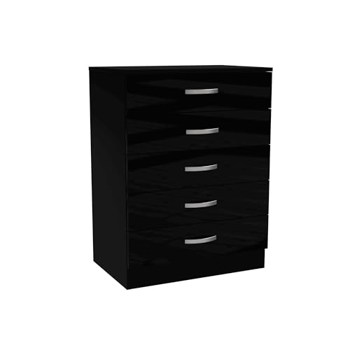 Nera 5 Drawer Chest of Drawers Wood Dresser Drawers for Bedroom Furniture Storage Unit (Black Gloss (Matt Black))
