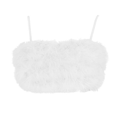 Vimoisa Women Faux Fur Tank Top Spaghetti Strap Crop Cami Top Tight Sleeveless Tube Top Vest(S) White