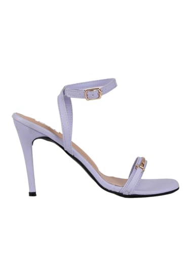 Image of ELLE Women's Square Toe Stiletto Heel Sandals with Gold-Tone Bar Detail and Crisscross Ankle Strap