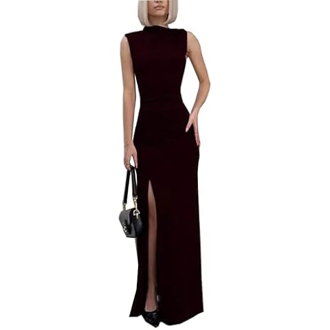 FECAFO Womens Mock Neck Ruched Bodycon Maxi Dress Sexy Side Slit Evening Cocktail Dress Club Party Sleeveless Long Dresses （Black M Cover