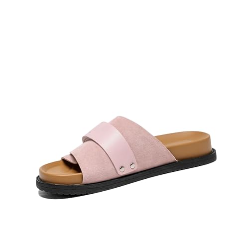 Women's Cow Suede Leather Slippers - Hook & Loop Solid Color Outdoor Flats