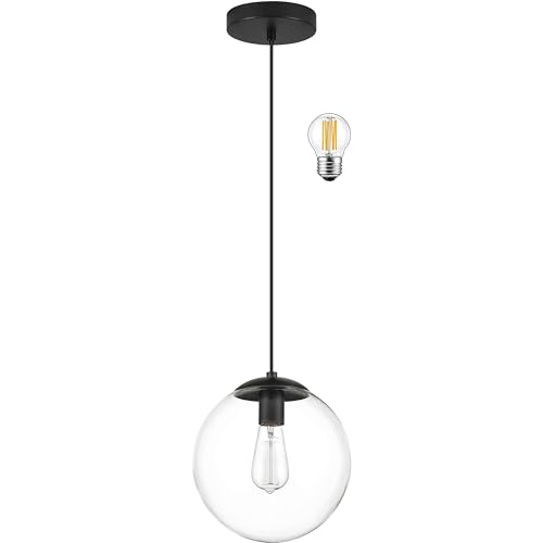 KoKo&Yukina 6-inch mini Modern Globe Pendant Light Clear Glass with Black Finish Contemporary Mid Century Adjustable Hanging Light Fixture for Living Room Bedroom Kitchen Island (Bulb Incl.)
