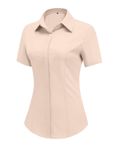HOTOUCH Womens Short Sleeve Button Down Shirts Collared Work Short Sleeve Blouses Uniform Lightweight Tops Khaki S