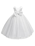 Dypaha Ivory Pearls Tulle Wedding Flower Girl Dresses Kids Princess Pageant Ankle Length Dress Junior Bridesmaid Dress Bow-Knot Satin Puffy Tutu Dress 10T