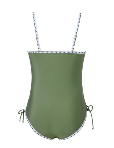 Cuddomper Girls Swimsuit Teen Bathing Suit One Piece Green Size 15-16 Color Contrast Trim Adjustable Strap Drawstring Swimwear Beach Vacation — view 3