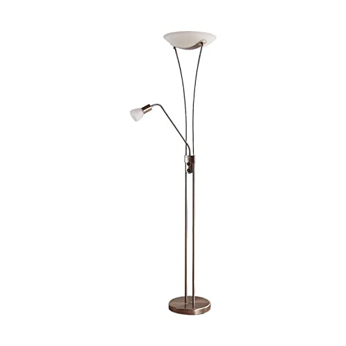 ELC Stehlampe, Deckenfluter nickel matt 180 cm, verstellbarer Lesearm, Standleuchte Glas Metall, 2x 15W LED E27 und 1x 10W LED E14, ohne Leuchtmittel Cover