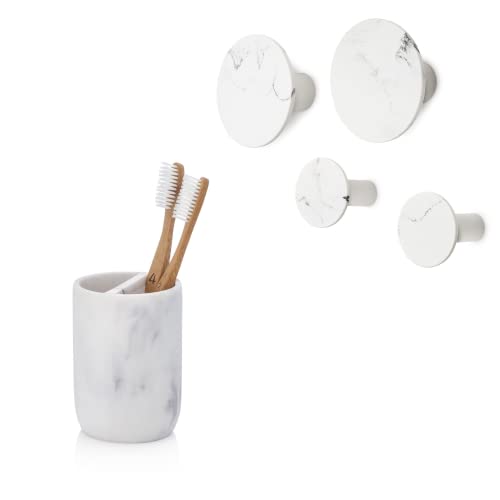 Essentra Home Matte White Marble Toothbrush Holder & Matte White Marble Wall Mounted Coat Hooks Bundle - Blanc Collection #TOP21