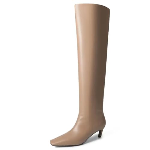 Suwequest Knee Boots For Women Ruched Leather Kitten High Heels Shoes Winter Wide Calf Vintage Long Boots ivory with fur 37