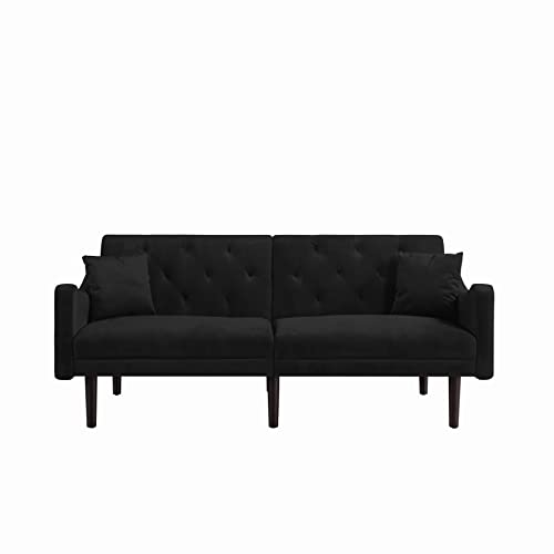 Yunlife 72.8" Modern Velvet Accent Upholstered Futon Sofa With 2 Pillows, Loveseat Convertible Sleeper Couch Bed, Folding Recliner For Living Room, Apartment And Small Space Furniture Sets, Black #TOP2